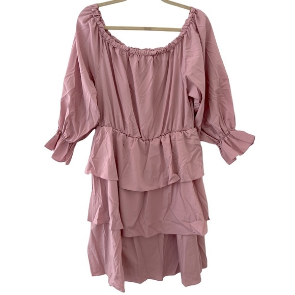 Pink Tiered Ruffle Off Shoulder Balloon Sleeves Dress - Picture 5 of 5